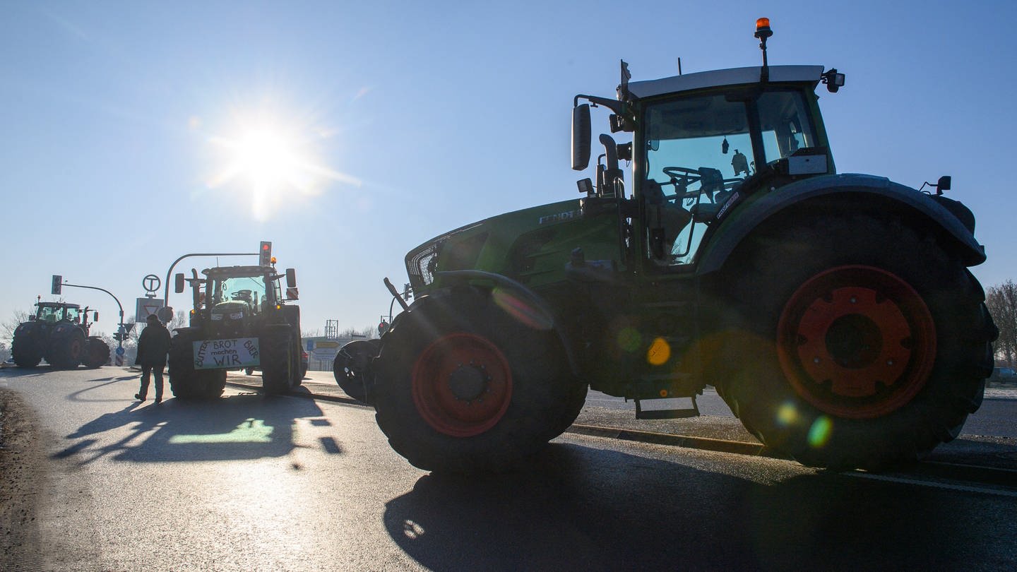 Traktoren, die im Rahmen der Bauernproteste eine Straße blockieren (Foto: dpa Bildfunk, picture alliance/dpa | Klaus-Dietmar Gabbert)