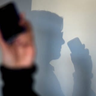 Eine Hand hält ein Mobiltelefon. An der Wand dahinter ist der zugehörige Schatten eines Mannes zu sehen. (Foto: dpa Bildfunk, picture alliance / dpa | Arno Burgi)