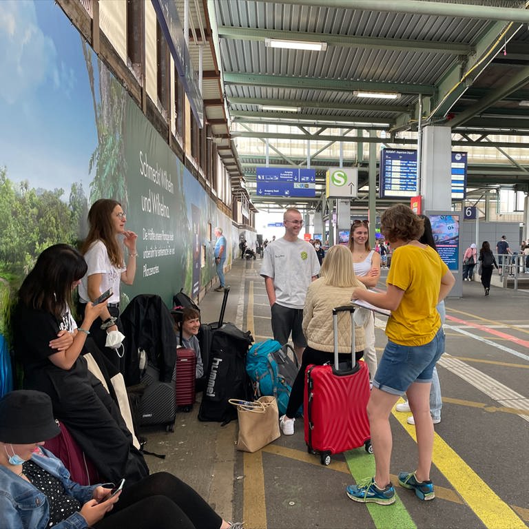 Eine Gruppe Reisender wartet auf dem Stuttgarter Hauptbahnhof. (Foto: SWR)