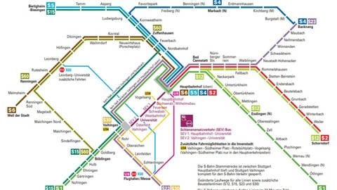 Der aktuelle Schienennetzplan für die Stammstreckensperrung des VVS im Sommer 2022 (Foto: Pressestelle, Verkehrs- und Tarifverbund Stuttgart GmbH (VVS))