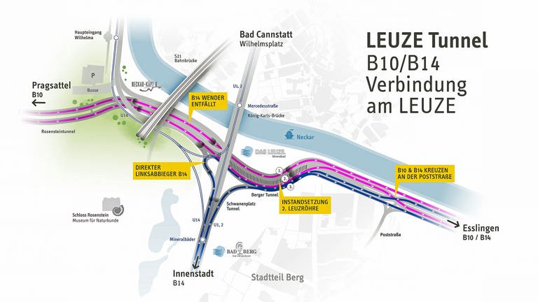 Am Leuzeknoten in Stuttgart ändert sich am Sonntag die Verkehrsführung. Der bisherige Wender auf der B14 etwa fällt weg. (Foto: Stadt Stuttgart, Pressestelle)