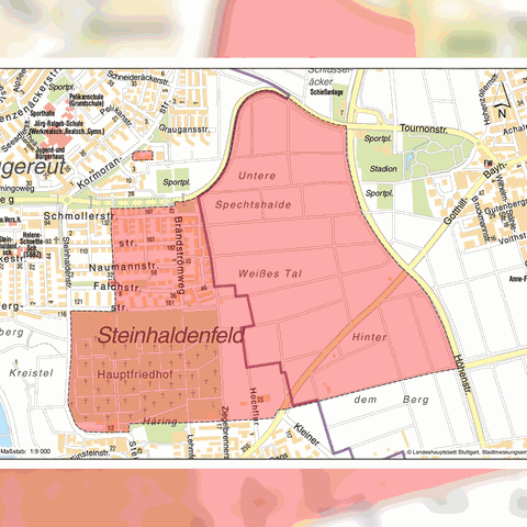 Eine Karte des Stuttgarter Stadtteils Steinhaldenfeld. Der Bereich, der wegen der Bombenentschärfung geräumt werden muss, ist rot markiert. (Foto: Landeshauptstadt Stuttgart, Stadtmessungsamt)