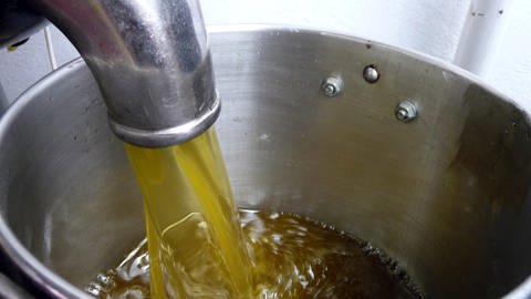 In einer tunesischen Olivenölpresse laufen mehrere Liter Olivenöl in einen Tank. (Foto: dpa Bildfunk, picture alliance / dpa | AHK Tunis)