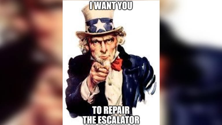 Meme, das auf die nicht funktionierende Rolltreppe in der S-Bahnhaltestelle Universität hinweisen soll