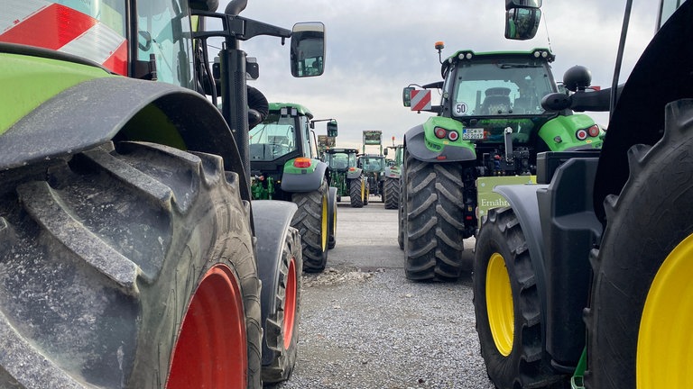 Traktor an Traktor parkt auf dem Cannstatter Wasen in Stuttgart: Landwirtinnen und Landwirte aus ganz Baden-Württemberg demonstrieren auf dem Cannstatter Wasen in Stuttgart. (Foto: SWR, Diana Hörger)