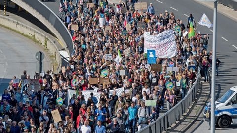 Demonstranten laufen über die Raschplatz-Hochbrücke. Die Demonstranten folgen dem Aufruf der Bewegung Fridays for Future und wollen für mehr Klimaschutz kämpfen. (Foto: dpa Bildfunk, picture alliance/dpa | Julian Stratenschulte)