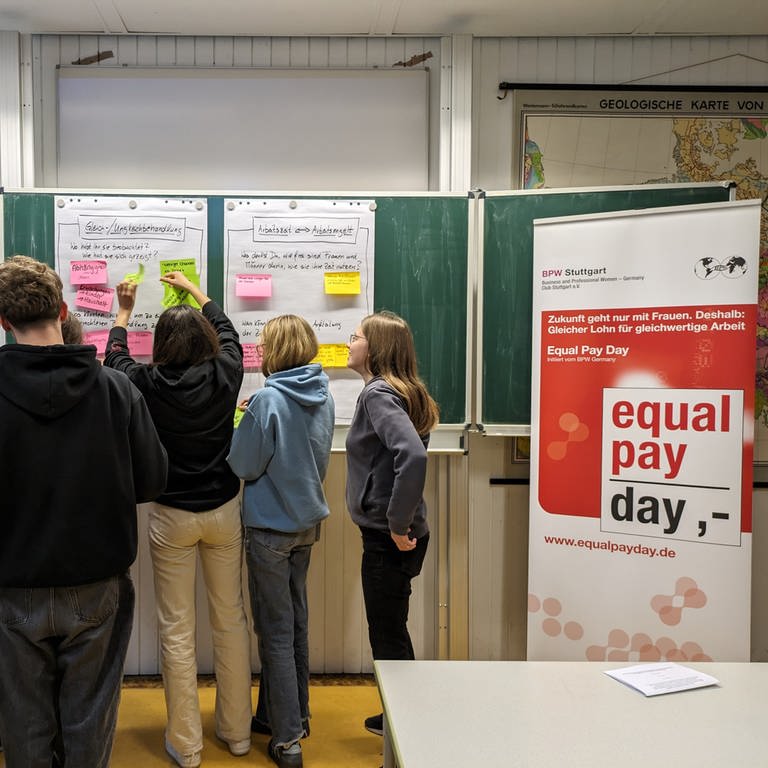 Schüler des Mörike-Gymnasiums in Esslingen setzen sich in einer speziellen Unterrichtsstunde mit der ungleichen Bezahlung von Männern und Frauen auseinander.  (Foto: Alexandra Bichteler, BPW Stuttgart)