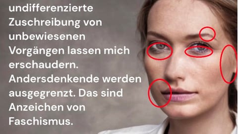 Die AfD wirbt mit KI generierten Gesichtern. Die Stellen, anhand derer man das erkennen kann, wurden hier farblich markiert. (Foto: Post der AfD Göppingen auf Instagram)