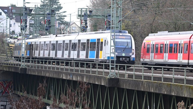 Zwei S-Bahnen fahren über das Nesenbachviadukt in Stuttgart-Vaihingen.