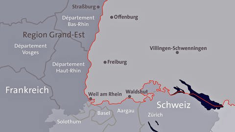 Eine grafische Karte, die die Länder Deutschland, Frankreich und Schweiz im Dreiländereck zeigt. (Foto: SWR)