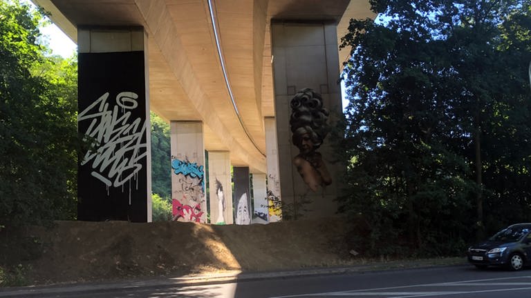 Mehrere großformatige Graffiti unter der Autobahn (Foto: SWR, Laura Könsler)