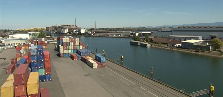 Viele Container stehen am Rand vom Rhein. (Foto: SWR)