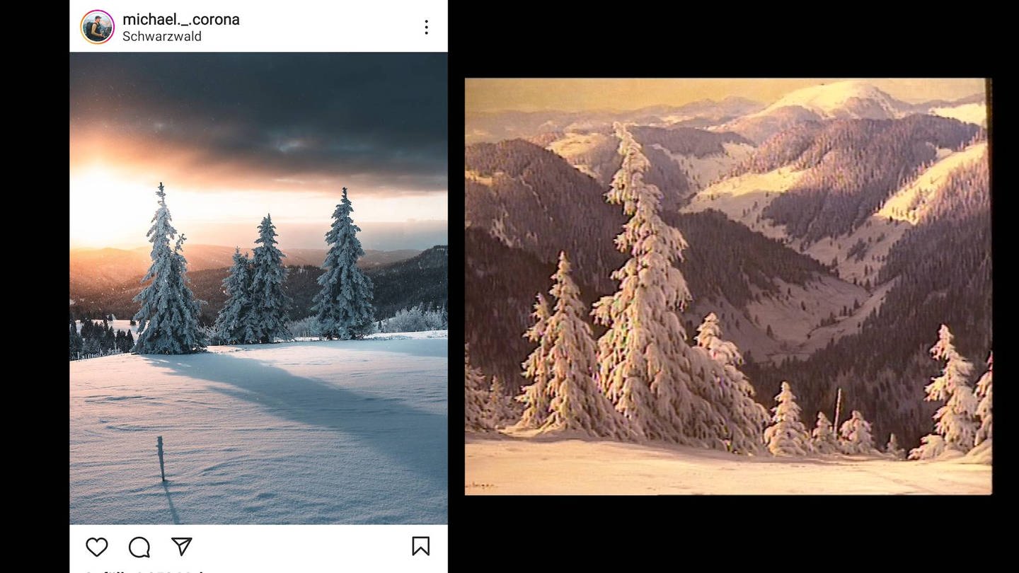 Verschneite Landschaft: Instagram-Post von Michael Corona und Ölgemälde von Karl Hauptmann