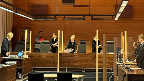 Blick in den Gerichtssaal, drei Richterinnen nehmen nebeneinander an einem langen Tisch Platz. (Foto: SWR)