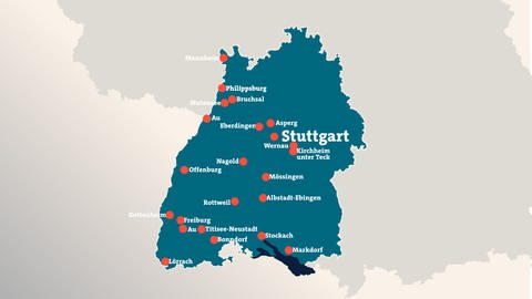 Eine Karte von Baden-Württemberg, in der mit roten Punkten alle Orte markiert wurden, in denen seit Januar 2022 ein Femizid stattgefunden hat.  (Foto: SWR)