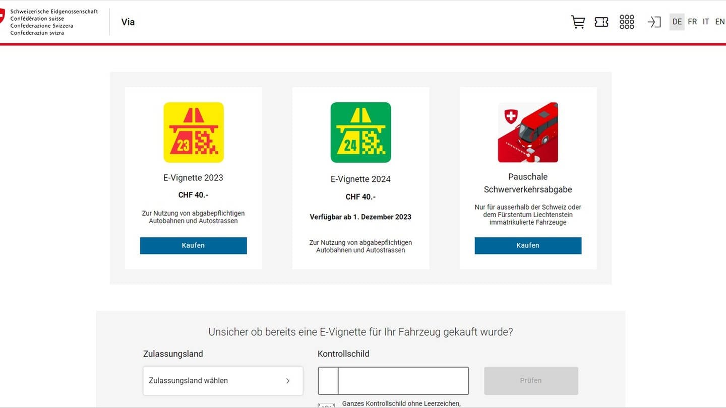 PKW-Jahresvignette für die Schweiz online kaufen