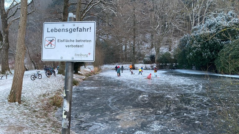 Menschen mit Schlittschuhen auf einen zugefrohrenen Teich in Freiburg (Foto: SWR, Sebastian Bargon)