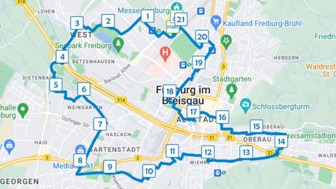 Stadtplan von Freiburg mit Marathon-Route (Foto: Mein Freiburg Marathon/Google Maps)