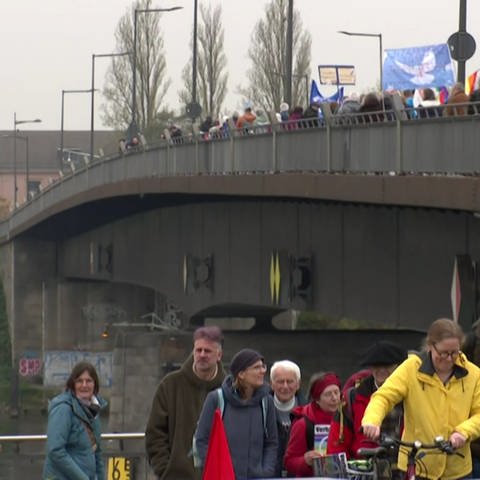 Demonstrieren für Frieden und Abrüstung: Ein deutsch-französischer Ostermarsch führte am Ostersamstag über die Europabrücke. (Foto: SWR)