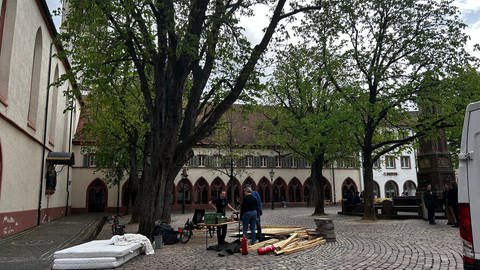Vor dem Freiburger Rathaus liegen bereits Holzlatten auf dem Platz. Aus einem Kleinlaster laden Menschen weiteres Material. (Foto: SWR, Paula Zeiler)