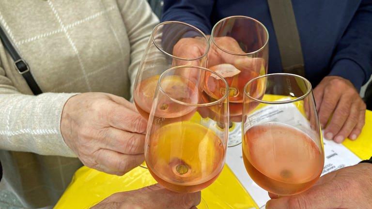 Vier Menschen prosten sich mit vier Weingläsern zu (Foto: SWR)