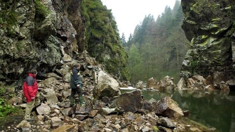 Felssturz im Wehratal (Archiv): Im November 2002 war die Straße auf einer Länge von 50 Metern bis zu sieben Meter hoch mit Felsbrocken bedeckt und vom angestauten Wasser der Wehra überschwemmt.  (Foto: dpa Bildfunk, Rolf_Haid)