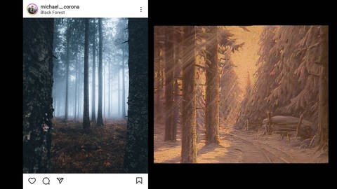 Nebel zieht durch Tannen. Instagram-Post von Michael Corona und Ölgemälde von Karl Hauptmann (Foto: SWR)