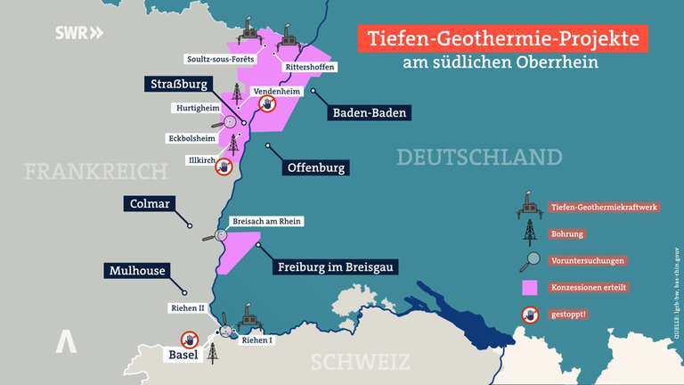 Im Elsass und der Schweiz sind bereits Tiefen-Geothermiekraftwerke in Betrieb. In Südbaden wird noch geprüft, welche Standorte sich eignen könnten.