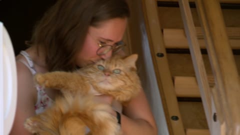 Dyson, die neue Katze der Familie Keitsch ist rot getigert. Sie hat grüne Augen und ist von vorne zu sehen. Stephanie Keitsch, eine Frau mit braunen Haaren und Brille, hält Katze Dyson im Arm und gibt ihr einen Kuss auf den Kopf.