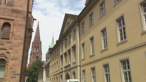 Im Vordergrund ein langes, helles Gebäude - im Hintergrund ist der Turm des Freiburger Münsters zu sehen. (Foto: SWR)