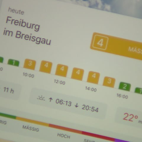 Auf einem Handydisplay ist der UV-Index für Freiburg als Grafik dargestellt. (Foto: SWR)