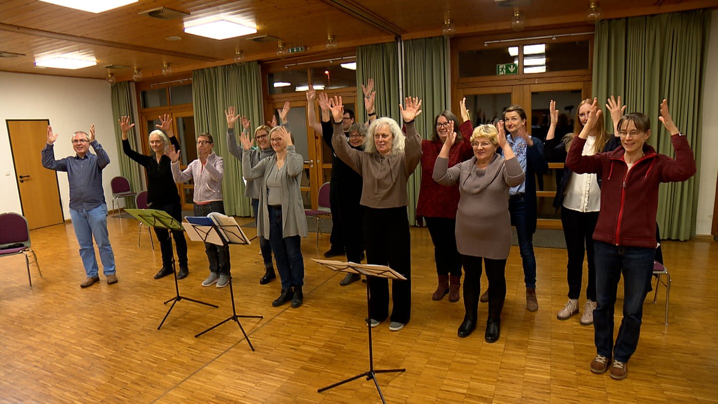 Auf dem Bild ist der Chor Singende Hände zu sehen. Sie stehen in einer Reihe und werfen die Hände in die Luft. Auf Gebärdensprache heißt das 