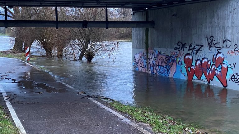 Ein leicht überschwemmter Radweg am Ufer der Wiese.