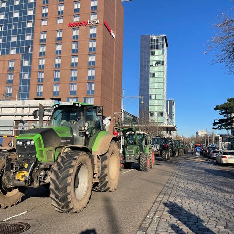 In Freiburg demonstrieren Hunderte Landwirte mit ihren Traktoren. (Foto: SWR, Henning Winter)