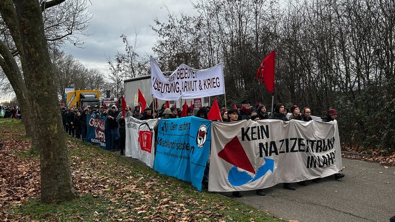 Viele Menschen tragen Banner und Plakate. Sie gehen gemeinsam zum AfD-Zentrum in Lahr (Foto: SWR, Paula Zeiler)