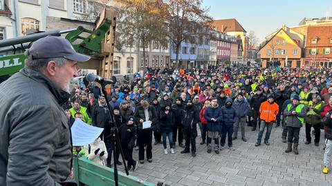 Protest mitten auf dem Marktplatz in Offenburg: BLHV-Präsident Bernhard Bolkart ergriff das Wort.  (Foto: SWR, Ulf Seefeldt)