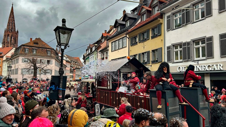 Narren und Besucherinnen und Besucher am Rosenmontag in Freiburg (Foto: SWR, Leon Löffler)