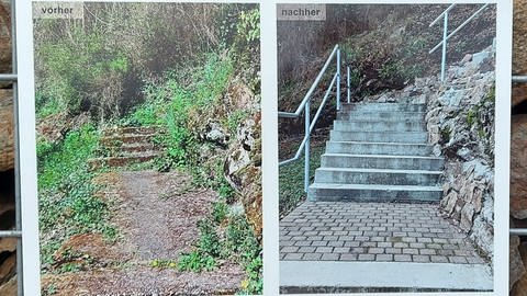 Der historische Treppenaufgang in Oppenau war zerfallen und musste gesperrt werden (links). Ehrenamtliche haben ihn jetzt neu gebaut (rechts).