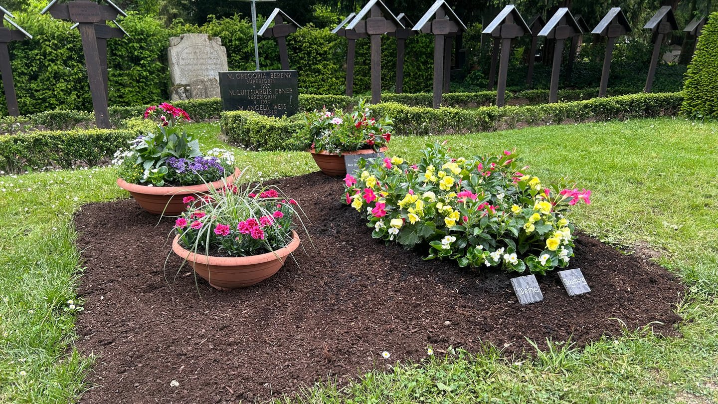 Wieder frische Blumen auf dem Grab des verstorbenen Bundespolitikers Wolfgang Schäuble: Unbekannte hatten das Grab geschändet und ein metertiefes Loch hineingegraben. (Foto: SWR, Ulf Seefeldt)