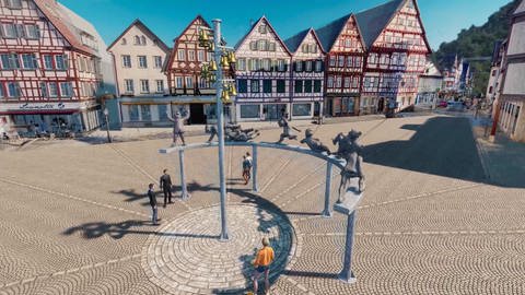 Visualisierung eines Kunstwerks mit Glockenspiel von Peter Lenk, das zum 300 jährigen Jubiläum des Schäferlaufs in Bad Urach bis 2023 aufgestellt werden soll. (Foto: Stadt Bad Urach / Visialisierung von der Hülbener Firma CMC Engineers GmbH)