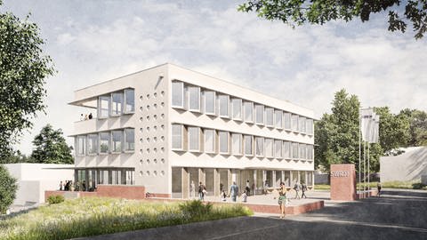 Der Siegerentwurf für den Neubau des SWR-Studios in Tübingen, Zeichnung. Ein dreistöckiges Gebäude aus Beton mit gefalteter Fassade. (Foto: HOF437, Netzwerk für Raum und Form)