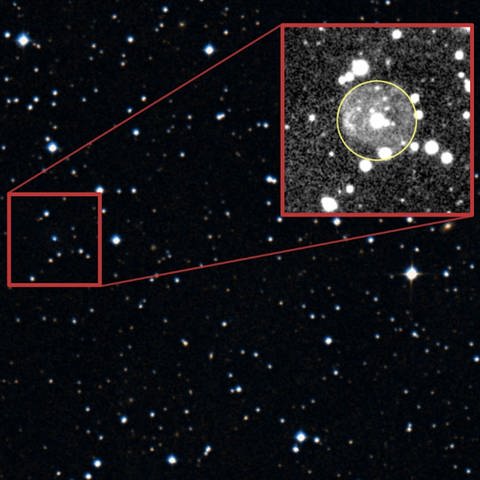 Aufnahme des neu entdeckten Sterns mit Vergrößerung des Nebels, den er ausgestoßen hat (Foto: Pressestelle, Tom Watts (AOP), STScI/NASA, The Dark Energy Survey)