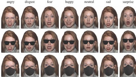 Menschen mit und ohne Maske mit verschiedenen Gesichtsausdrücken (Foto: Pressestelle, Von Noyes et al. (2021). R Soc Open Sci. 8(3):201169. https://doi.org/10.1098/rsos.201169, the Creative Commons Attribution [CC BY] license)