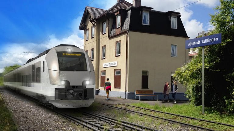Eine Visualisierung der Regionalstadtbahn Neckar-Alb zeigt eine Regionalbahn am Bahnhof Albstadt-Tailfingen, Talgang