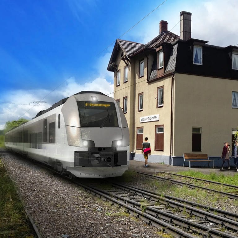 Eine Visualisierung der Regionalstadtbahn Neckar-Alb zeigt eine Regionalbahn am Bahnhof Albstadt-Tailfingen, Talgang (Foto: Zweckverband Regionalstadtbahn Neckar-Alb)