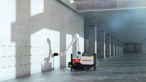 Firmengrafik: Ein an ein Fischertechnik-Spielzeug erinnernder Roboter bohrt Löcher in eine Wand. (Foto: Pressestelle, Fischer )