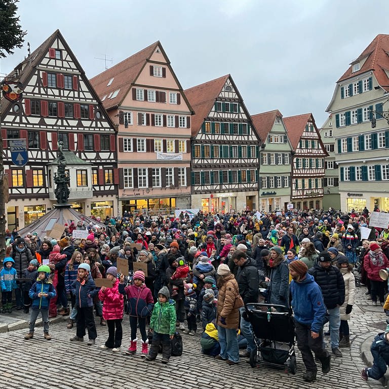 Eltern und Kinder demonstrierten am Donnerstagnachmittag vor dem Tübinger Rathaus (Foto: SWR, Miriam Plappert)