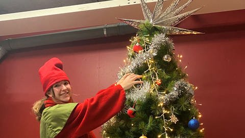 Elfe mit roter Zipfelmütze schmückt Weihnachtsbaum (Foto: SWR)