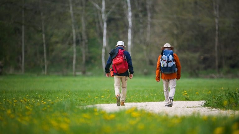 Zwei Wanderer sind bei Indelhausen auf der Schwäbischen Alb unterwegs.