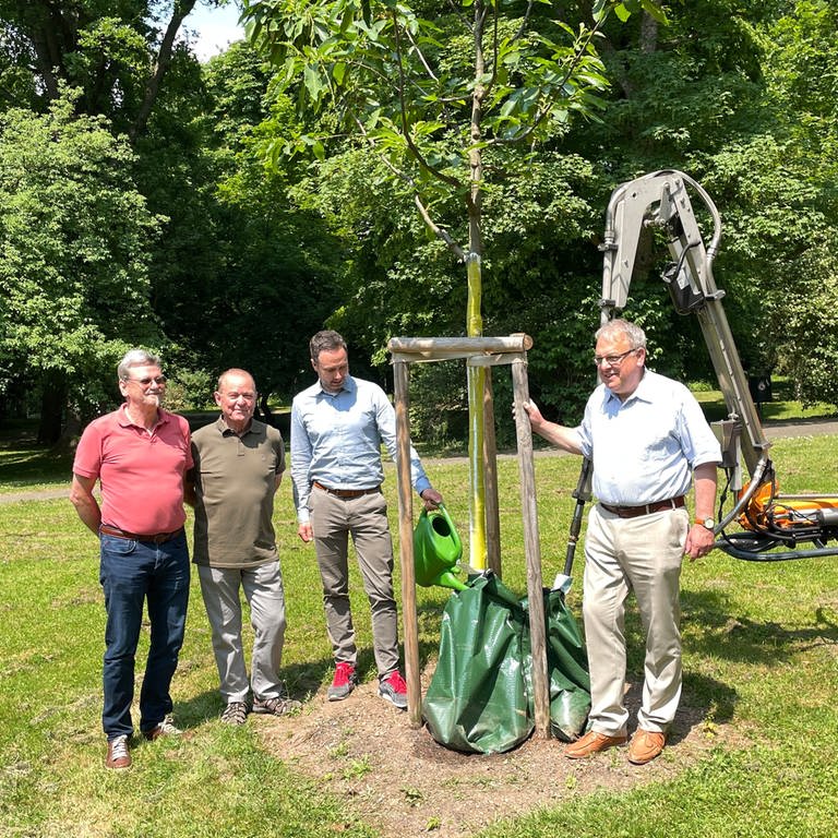 Reutlingens Oberbürgermeister Thomas Keck (SPD) und Mitglieder der "Initiative lebenswerte Oststadt" an einem frisch gepflanzten Baum (Foto: SWR, Michael Hotzel)